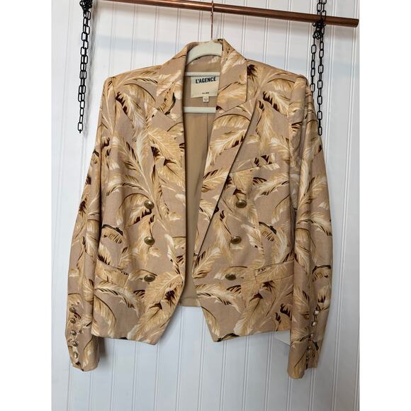 L’AGENCE Beige Linen Leaf-Print Cropped Blazer Coat Jacket Corporate Corp Size 4 - Picture 2 of 9